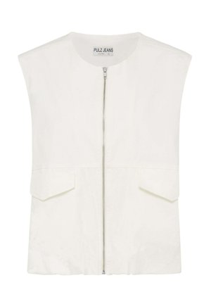 Mouwloos wit vest met zilveren rits aan de voorkant en twee klepzakken, gelabeld Pulz Jeans.