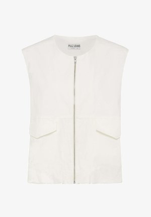 Mouwloos wit vest met zilveren rits aan de voorkant en twee klepzakken, gelabeld Pulz Jeans.