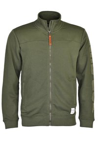 Oliwkowa bluza z zamkiem błyskawicznym o wysokim kołnierzu, z bocznymi kieszeniami i teksturowanym materiałem. Posiada skórzaną metkę oraz pionowy wzór na rękawach.