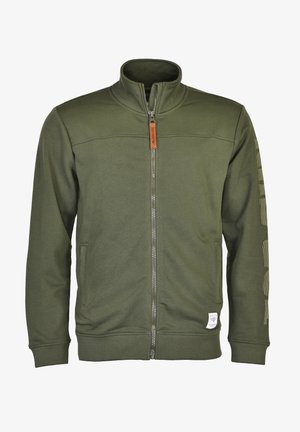 Oliwkowa bluza z zamkiem błyskawicznym o wysokim kołnierzu, z bocznymi kieszeniami i teksturowanym materiałem. Posiada skórzaną metkę oraz pionowy wzór na rękawach.