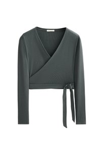 Tamna siva dugmadna prugasta kratka majica s dugim rukavima, V-izrezom i detaljem s bočnom vezicom, pleteni teksturirani materijal.