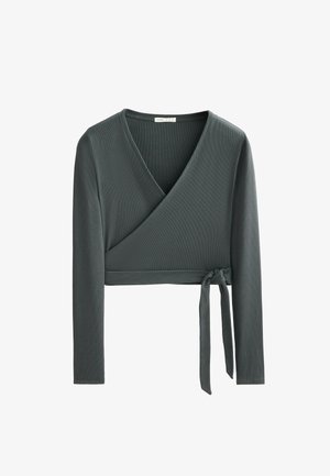 Dunkelgraues, langärmeliges, kurz geschnittenes Wickeloberteil mit V-Ausschnitt und seitlichem Bindeband, geripptes Stoffmuster.