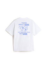 White cotton t-shirt featuring blue graphic text on the back: "THOSE AREN'T VANS" with cartoon faces and "GET THE REAL THING GET VANS."