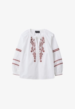 Weiße lockere Bluse mit langen Ärmeln, verziert mit brauner Blumenstickerei auf der Vorderseite und Streifen an den Ärmeln, mit einer Kordel am Ausschnitt.