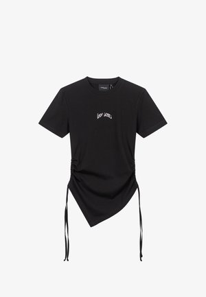 Crna majica od mekog pamuka, sa naborima sa strane, zaobljenim rubom i kontrastnim bijelim natpisom "love stars" sprijeda.