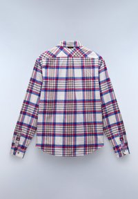 Camisa de cuadros de manga larga en beige, rojo, azul y negro. Cuenta con un collar abotonado, dobladillo curvo y puños ajustables.