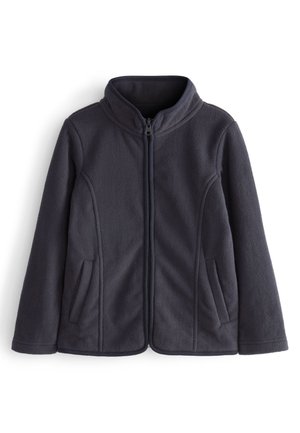 Dark gray fleece jacket with a high collar, full zip front, and two side pockets; features a smooth texture and seam detailing.