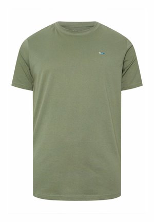 Olijfgroene T-shirt met korte mouwen en een ronde hals met een klein horizontaal blauw-wit gestreept logo op de linkerborst.