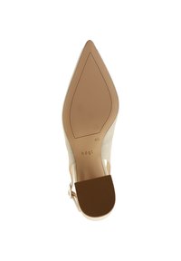 Beige stiletto na vysokém podpatku se špičatou špičkou, má hladký svršek a měkkou stélku. Obsahuje gumovou podrážku a pásek kolem kotníku.
