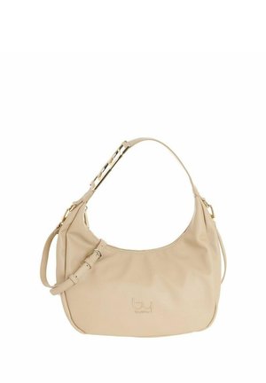 Borsa a tracolla in pelle beige con tracolla regolabile e dettagli in oro, caratterizzata da un piccolo logo in rilievo sul davanti.