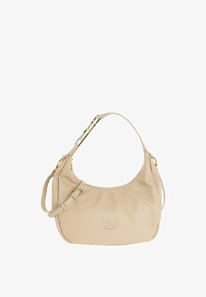 Borsa a tracolla in pelle beige con tracolla regolabile e dettagli in oro, caratterizzata da un piccolo logo in rilievo sul davanti.