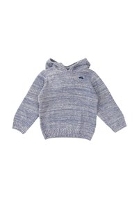 Sudadera con capucha de tejido jaspeado en azul y blanco. Presenta mangas largas, puños acanalados y un pequeño logotipo en la parte superior izquierda del pecho.