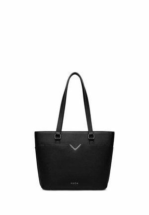 Black leather tote bag with two handles, silver V-shaped detail near top center, and small "VUCH" logo at bottom center.