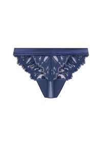Dunkelblaues Spitzen- und Satin-Damenstring-Unterwäsche mit floralem Spitzenmuster und gewellten Kanten, flach auf einem weißen Hintergrund ausgestellt.