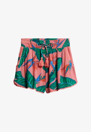 Shorts légers roses avec un motif de feuilles tropicales et de fleurs, une taille élastique et deux poches latérales avec des détails en franges.