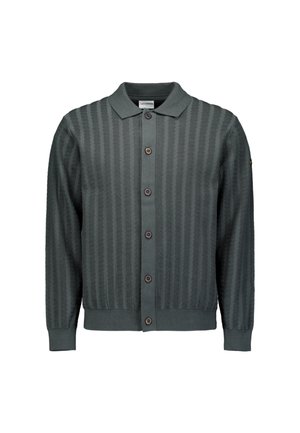 Donkergroene cardigan met een gemêleerd patroon, lange mouwen en vijf knopen. Heeft een kraagnek en ribgebreide manchetten en zoom.