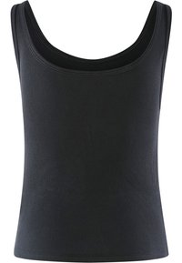 Czarny prążkowany top na ramiączkach z okrągłym dekoltem, z szerokimi ramiączkami i dopasowanym krojem. Wykonany z miękkiego, elastycznego materiału.