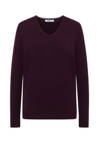 Bordeaux gebreide trui met een V-hals en lange mouwen. Voorzien van geribde manchetten en zoom voor extra textuur. Gladde stoffen afwerking.
