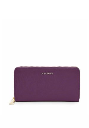 Purple leather wallet with a textured finish, zip closure, and gold logo accent. Sleek rectangular shape, suitable for everyday use.