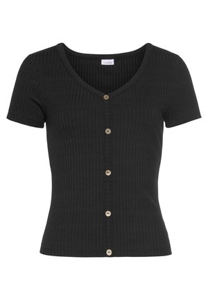 Black ribbed short-sleeve cardigan with a V-neck, featuring six front buttons and a fitted design. Soft texture and subtle stretch.