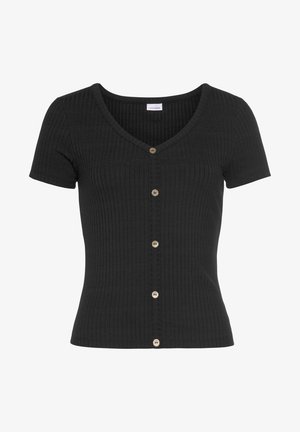 Cardigan noir à manches courtes côtelé avec un col en V, comportant six boutons sur le devant et une coupe ajustée. Texture douce et légère extensibilité.