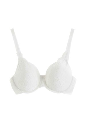 Sostenitore in pizzo bianco con coppe imbottite, spalline regolabili e una texture liscia. Il design include motivi floreali in pizzo e un busto senza cuciture.