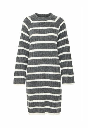 Gehaakte sweaterjurk met een ronde hals, voorzien van grijze en witte horizontale strepen, ribbelstructuur en lange mouwen. Zachte, knusse stof.