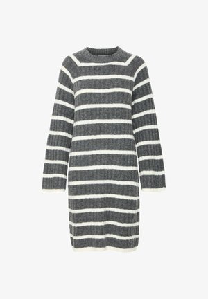 Kootud sviiterkleit ümmarguse kaelusega, halli ja valge horisontaalse triibuga, ribakudumise tekstuuriga ja pikkade varrukatega. Pehme ja mugav materjal.