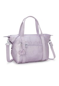 Lavender nylon shoulder bag with dual handles, zippered pockets, adjustable strap, and a small plush monkey keychain attached on the front.