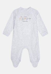Grå baby-body med lange ermer, laget av strukturert stoff, med rund halsringning og trykket tekst "fantastisk LYKKELIG" med dyremotiver.