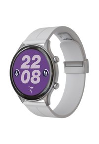 Orologio intelligente rotondo con cassa metallica argentata, display viola che mostra l'ora e le icone, e cinturino in silicone bianco.