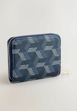 Portemonnee met rits en geometrisch patroon in donkerblauw en wit, met een textuur, ritssluitingen in goudkleur, rechthoekige vorm.