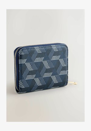 Portemonnee met rits en geometrisch patroon in donkerblauw en wit, met een textuur, ritssluitingen in goudkleur, rechthoekige vorm.