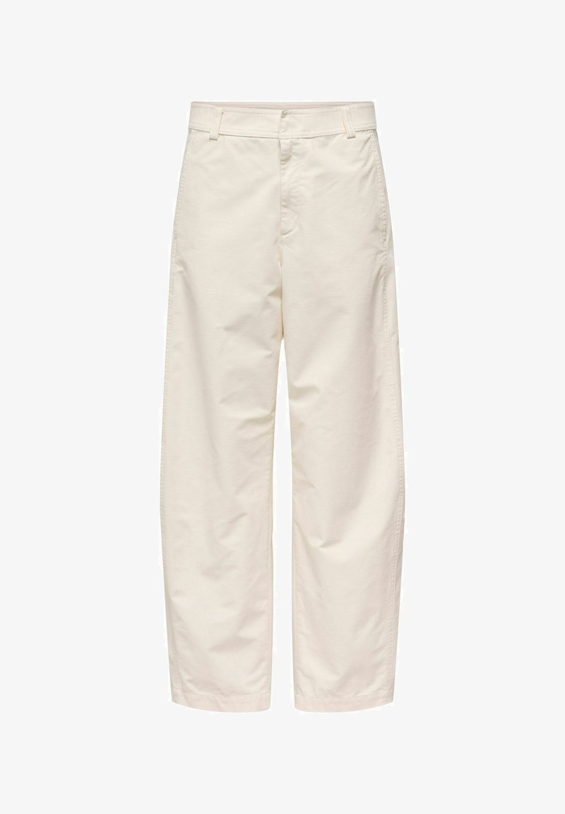 Pantalon large couleur ivoire avec passants de ceinture, fermeture éclair à l'avant et poches latérales, confectionné dans un tissu lisse.