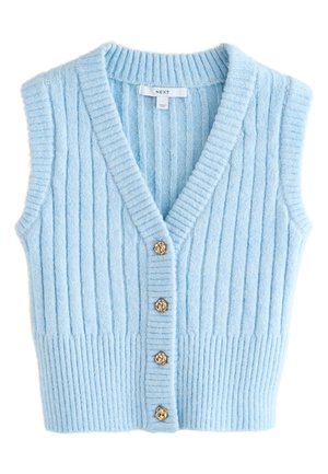 Cardigan sans manches en maille côtelée bleu clair avec col en V et quatre boutons décoratifs dorés sur le devant.