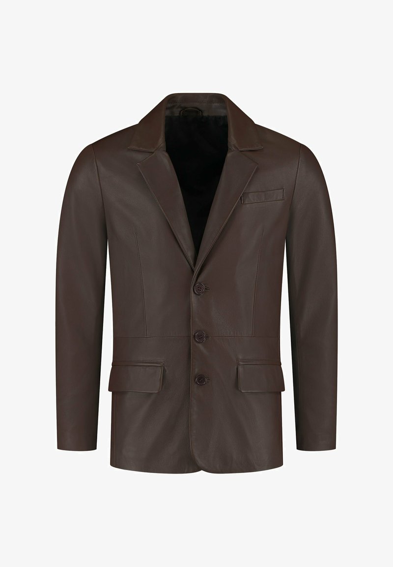 Blazer in pelle marrone con colletto a ribalta, due tasche frontali, quattro bottoni e una texture liscia e elegante.