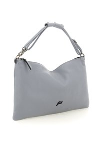 Borsa a mano in pelle grigia con una texture morbida, una parte superiore a forma di V, una tracolla corta e un sottile dettaglio con logo sul davanti.