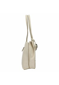 Sac fourre-tout beige avec une finition texturée, doté de longues anses plates et d'une poche zippée sur le côté. Design simple et épuré.