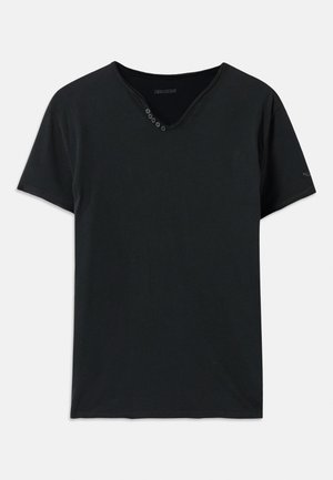 Black cotton T-shirt with a V-neck, short sleeves, and five buttons on the neckline. Smooth texture with minimal stitching details.