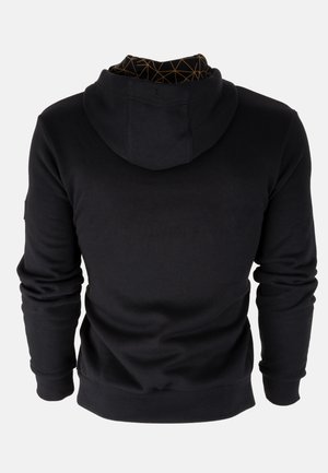 Schwarzer Hoodie aus strukturiertem Stoff, mit einem mehrfarbigen Innenfutter, langen Ärmeln und gerippten Bündchen und Saum.