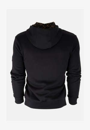 Schwarzer Hoodie aus strukturiertem Stoff, mit einem mehrfarbigen Innenfutter, langen Ärmeln und gerippten Bündchen und Saum.