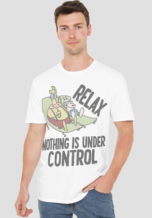White cotton t-shirt featuring a cartoon design of two characters relaxing with text that reads "RELAX NOTHING IS UNDER CONTROL."
