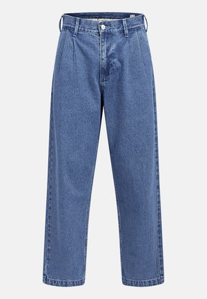 Lichtblauwe denim jeans met een hoge taille, wijde pasvorm en geplaatste voorkant. Voorzien van een knoopgulp en riemlussen. Schoon, zonder zichtbare slijtage.