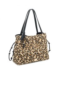 Borsa a tracolla con stampa leopardata, manici e dettagli in pelle nera, con lacci laterali regolabili e dettagli in metallo dorato. Disponibile in varie dimensioni.
