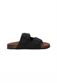 Schwarze Rutsch-Sandale mit zwei verstellbaren Schnallen, Korkfußbett und strukturiertem Außensohle für besseren Halt, ausgestattet mit einem minimalistischen Design.