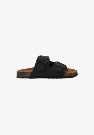 Schwarze Rutsch-Sandale mit zwei verstellbaren Schnallen, Korkfußbett und strukturiertem Außensohle für besseren Halt, ausgestattet mit einem minimalistischen Design.