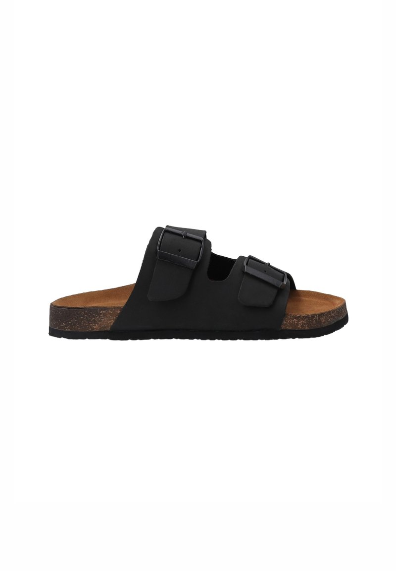Schwarze Rutsch-Sandale mit zwei verstellbaren Schnallen, Korkfußbett und strukturiertem Außensohle für besseren Halt, ausgestattet mit einem minimalistischen Design.