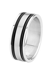 Silver ring with brushed finish, featuring two black inlaid stripes. Wide band design with smooth edges and polished interior.