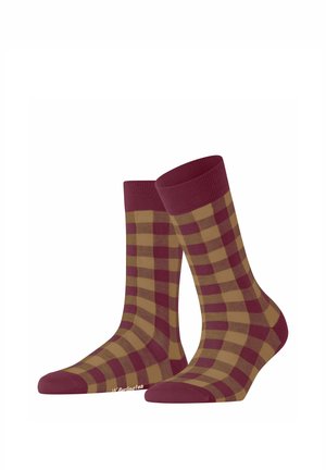 Paire de chaussettes mi-mollet à motif à carreaux bordeaux et beige, avec parties unies bordeaux au niveau des orteils, talons et revers.
