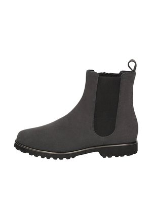 Dark gray suede ankle boot with black elastic side panel, loop pull tab at the back, and black lug sole for traction.